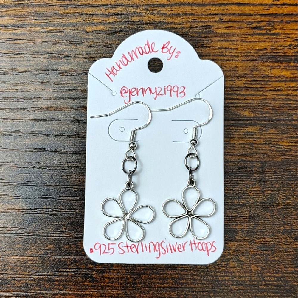 NEW! Jenny’s Handmade Long Silver Flower Earrings .925 Sterling Silver Hoops